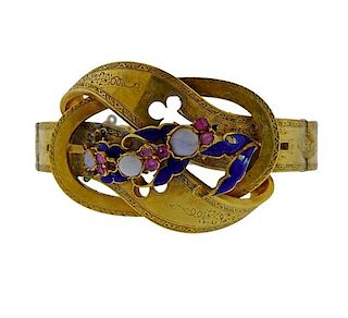 Antique 18K Gold Opal Pink Stone Enamel Bracelet