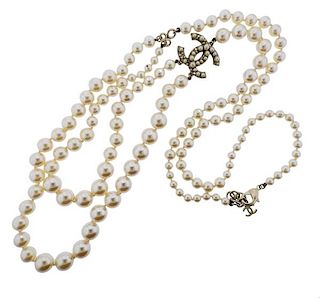 Chanel Costume Pearl Long CC Necklace 