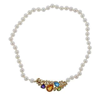 18k Gold Pearl Diamond Gemstone Necklace 