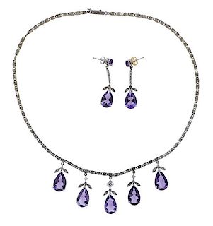 14k Gold Diamond Amethyst Necklace Earrings Set 