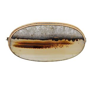 14K Gold Agate Oval Brooch Pin