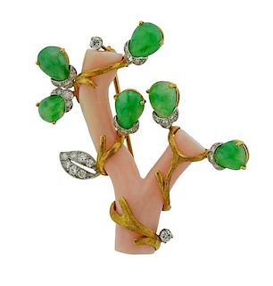 18k Gold Coral Jade Diamond Brooch Pin 