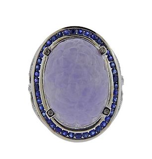 14k Gold Lavender Carved Jade Diamond Sapphire Ring 