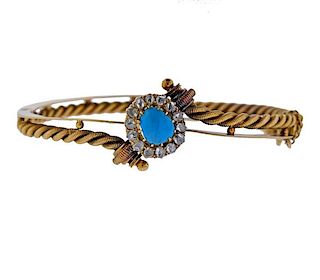Antique Russian 14K Gold Diamond Turquoise Bracelet