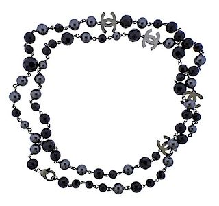 Chanel Costume Black Stone Bead CC Long Necklace 