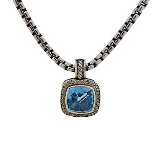 David Yurman Silver Albion Diamond Topaz Pendant Box Chain Necklace 