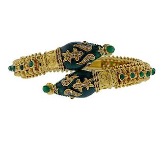 18K Gold Diamond Green Stone Enamel Snake Bracelet