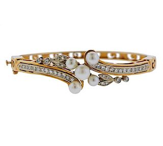 14k Gold Diamond Pearl Bangle Bracelet 