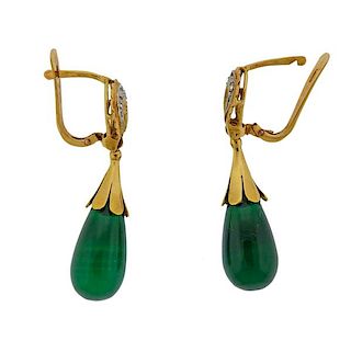 18K Gold Green Stone Diamond Drop Earrings