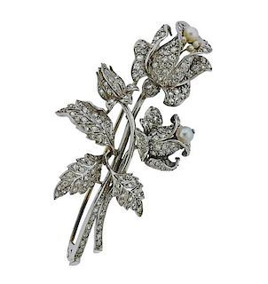 Platinum Diamond Pearl Rose Flower Brooch Pin