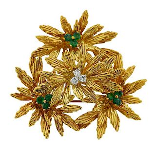 Tiffany &amp; Co 18k Gold Diamond Emerald Brooch Pin 