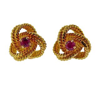 18k Gold Ruby Woven Stud Earrings 