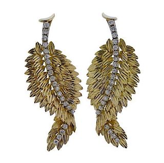 18k Gold Diamond Feather Earrings