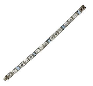 Art Deco 18K Gold Platinum Blue Stone Filigree Bracelet