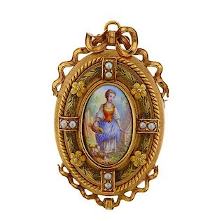 Antique 18K Gold Pearl Miniature Painting Locket Pendant Brooch