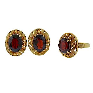 H. Stern 1970s 18k Gold Garnet Earrings Ring Set 