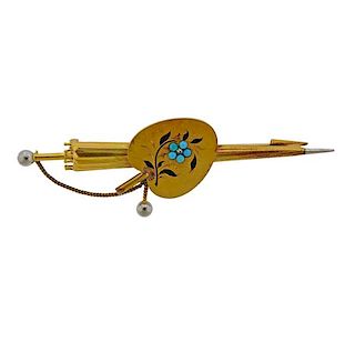 Antique 18k Gold Turquoise Brooch Pin 