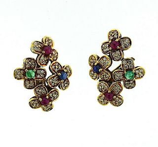 18k Gold Diamond Emerald Ruby Sapphire Flower Earrings