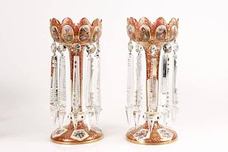 Pair of Bohemian Cranberry Glass Mantle Lustres