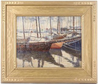 "In The Harbor" 1917 Signed American School Oil
