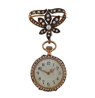 Antique 14k Gold Pearl Lapel Watch 