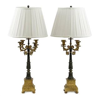 Pair of French Empire Dore Bronze Lamps, 19th C.