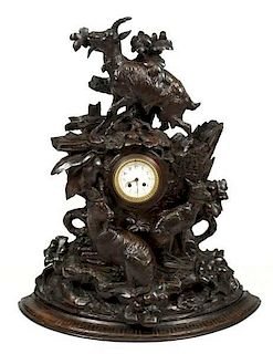 Large Black Forest Carved Walnut Figural Clock