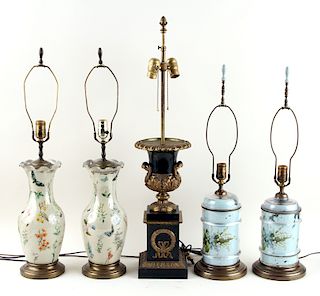 FIVE GLASS TABLE LAMPS CHINESE & NEOCLASSICAL