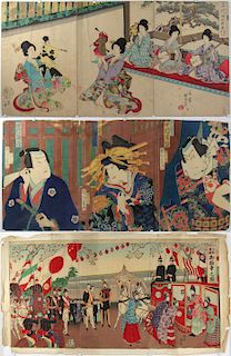 Three Meiji Triptychs Including Chikanobu.