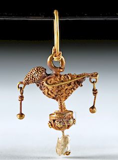 Delicate Islamic 21K+ Gold Bird Earring w/ Pearls