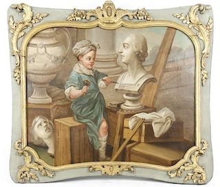 18th C. French Supraporte Painting, Young Sculptor