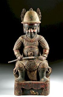18th C. Chinese Lacquered Wood Seated Guardian Figure