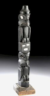 20th C. Nuu-chah-nulth Wood Totem Pole w/ Abalone Inlay