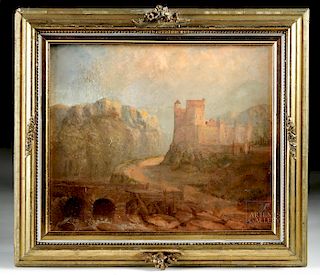 19th C. German Painting of Castle w/ Antique Gilt Frame