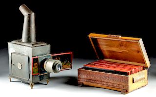 Ernest Plank Magic Lantern & Box of Hand Painted Slides