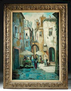 Framed Painting of European Marketplace, ca. 1950s