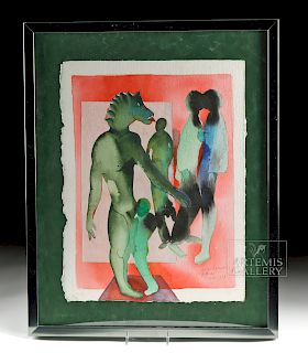 Framed Ada Balcacer Watercolor - "Figures" - 2003
