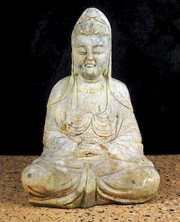 SEATED CARVED STONE BUDDHA SCULPTURE