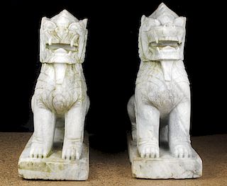 PAIR MONUMENTAL CARVED MARBLE FOO DOGS