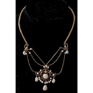 10k Gold Pearl and Diamond Necklace