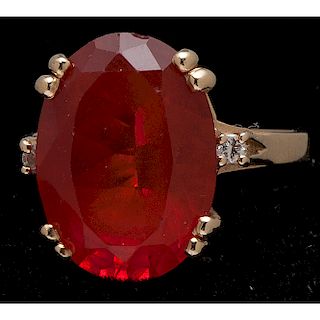 14k Gold Mexican Fire Opal and Diamond Ring