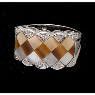 14k White Gold Mother of Pearl and Tiger's Eye Ring