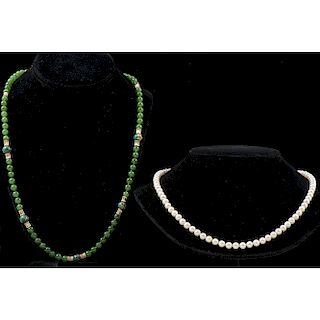 Nephrite Jade and Cultured Pearl Necklaces in 14k Gold