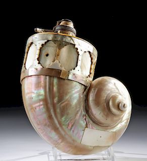 18th C. Indo-Persian Nautilus Shell Powder Flask
