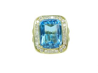 25.87ct Blue Topaz And 1.13 Diamond Ring
