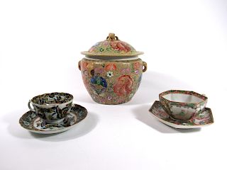 Russet Enameled Jar and Two Teacups.