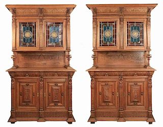 Pair of Belgian Buffet Cabinets w/ Stained Glass