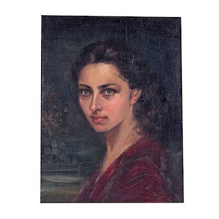 Pilar Calvo. Retrato femenino. Óleo sobre yute. Firmado. 50 x 36 cm