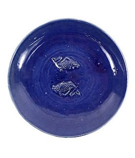 Rare Chinese Twin Fish Blue Glazed Charger