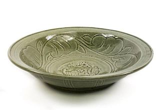 Large Chinese Celadon Glazed Rare Triple Fish Bowl